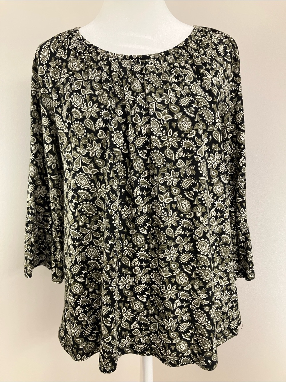 Michael Kors Black, White & Olive Green Paisley 3/4 Bell Sleeve Peasant Top